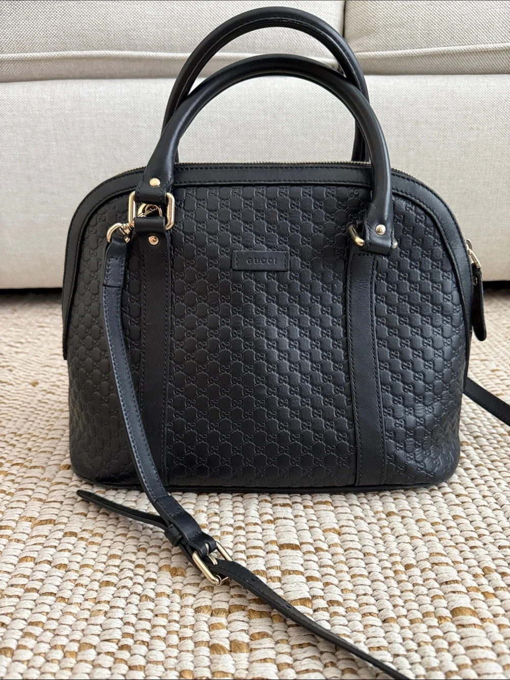 Gucci Black Embossed GG Dome Satchel with Gold-Tone Hardware